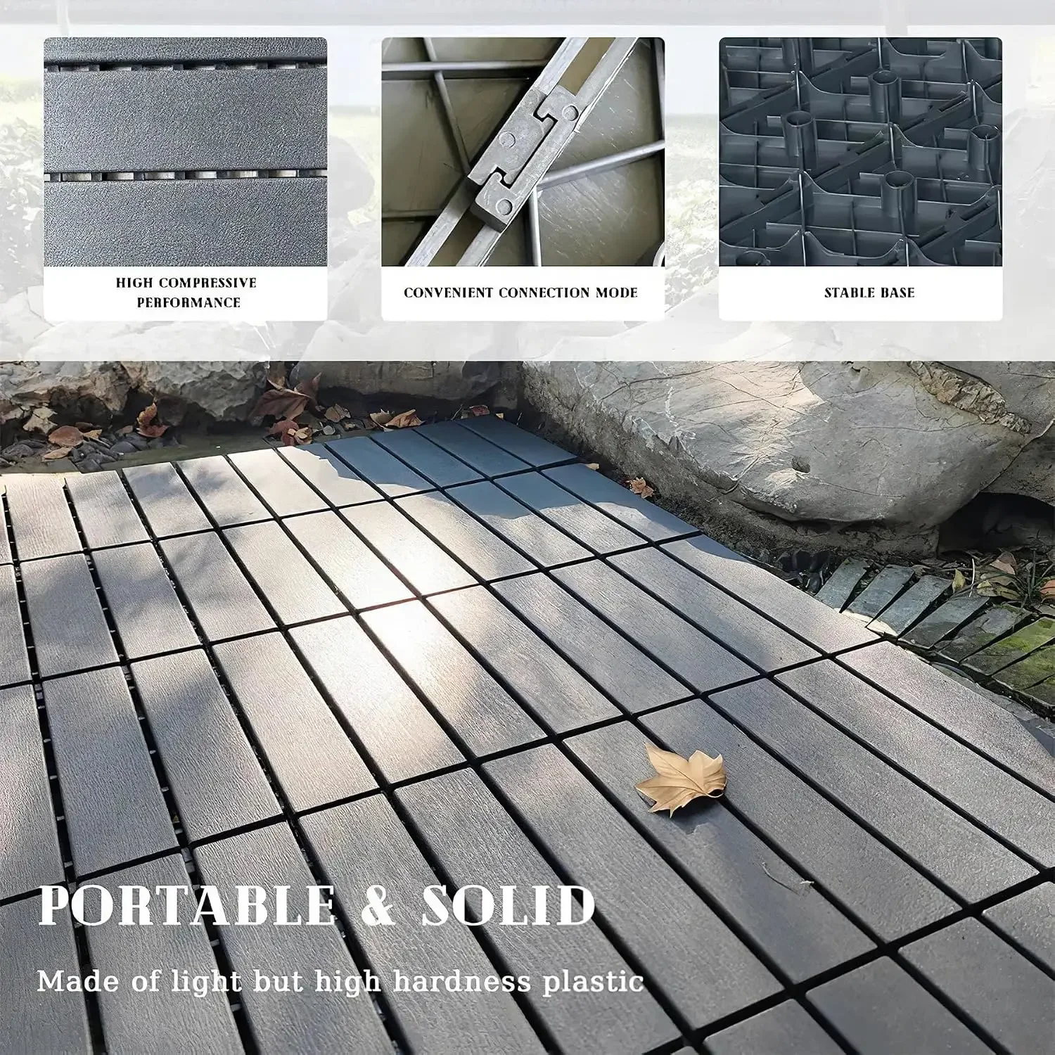 44 Pcs Interlocking Deck Tiles, Plastic Patio Flooring（Stripe） | Dark Grey Outdoor Flooring Waterproof, 12
