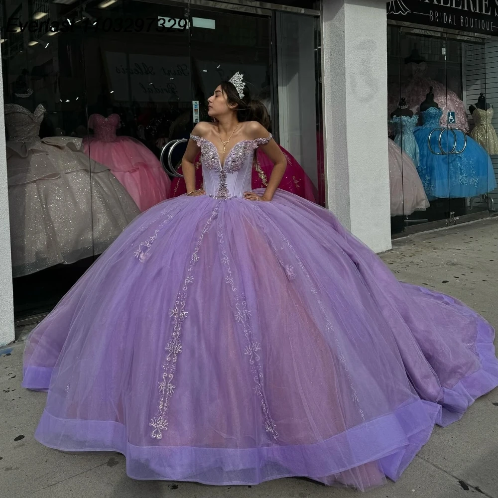 

EVLAST Фиолетовое платье принцессы Quinceanera, бальное платье, блестящая кружевная аппликация, корсет из бисера и кристаллов, Sweet 16, Vestido De 15 Anos QD1061