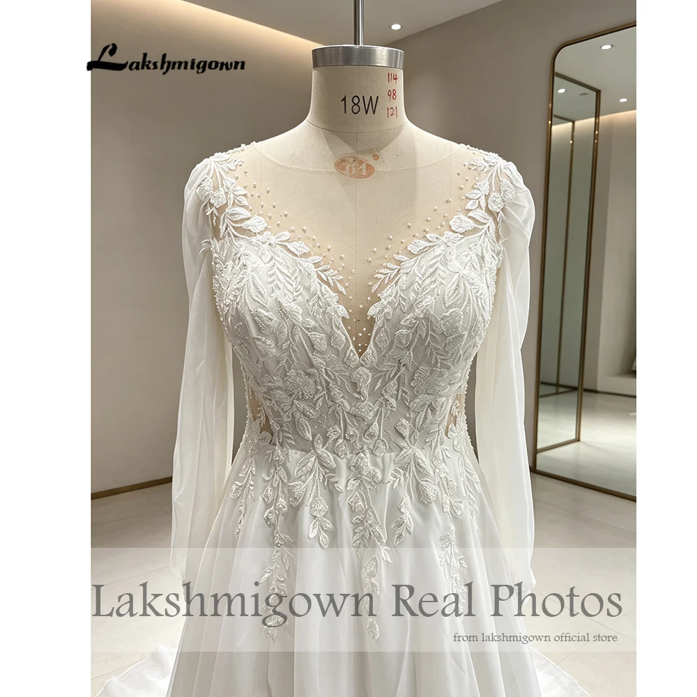 Lakshmigown Puffy Boho Langarm-Hochzeitskleider 2027 Echte Fotos Neu in Civil Perlen Spitze Strand-Brautkleider Maßanfertigung – Detail 7