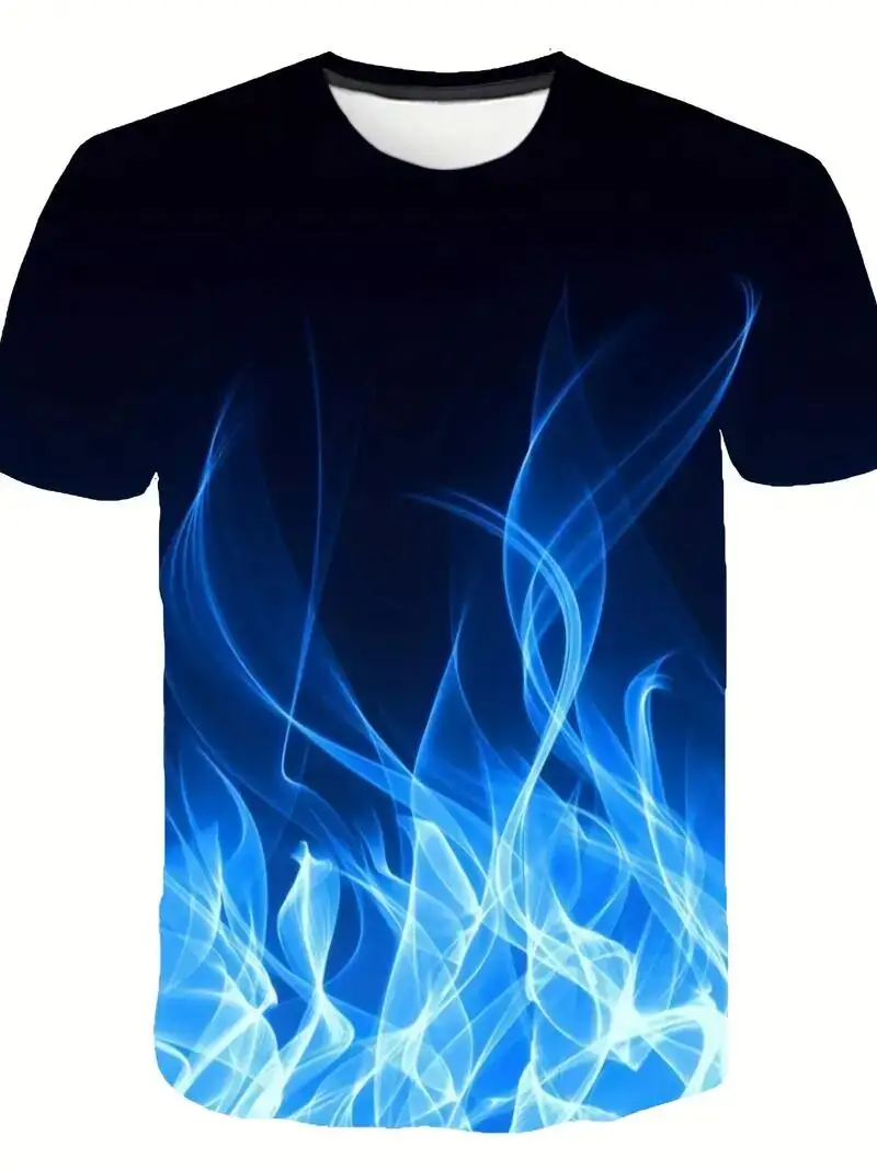 Boys' Blue Flame Graphic T-Shirt - 3D Digital Print, Active & Stretchy Short Sleeve Tee for Summer Outdoor Fun