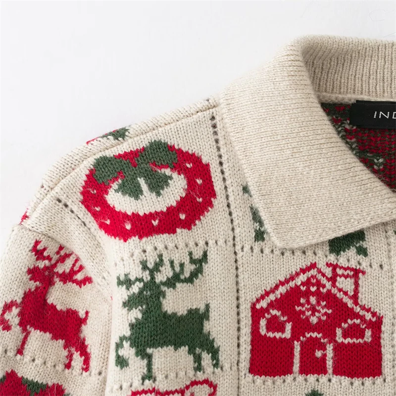 Cardigan vintage com padrão de Natal para mulheres, jaqueta de malha com árvore de rena fofa, casaco casual com gola com botões