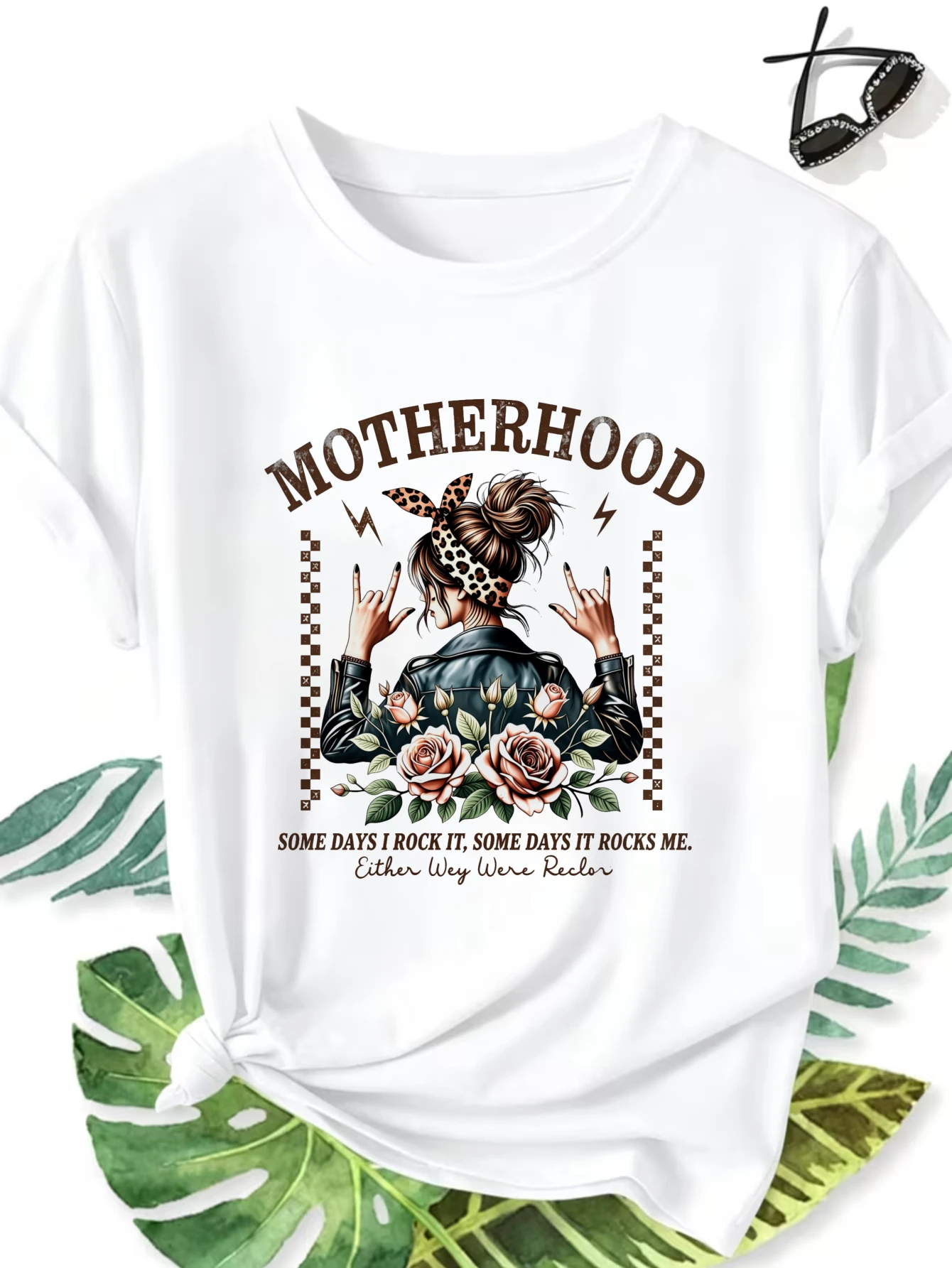 Women's Round Neck T-shirt Motherhood Rocker Rose Floral Print Short Sleeve T Shirt Casual Y2k Tees Tops Clothes Female Outfit