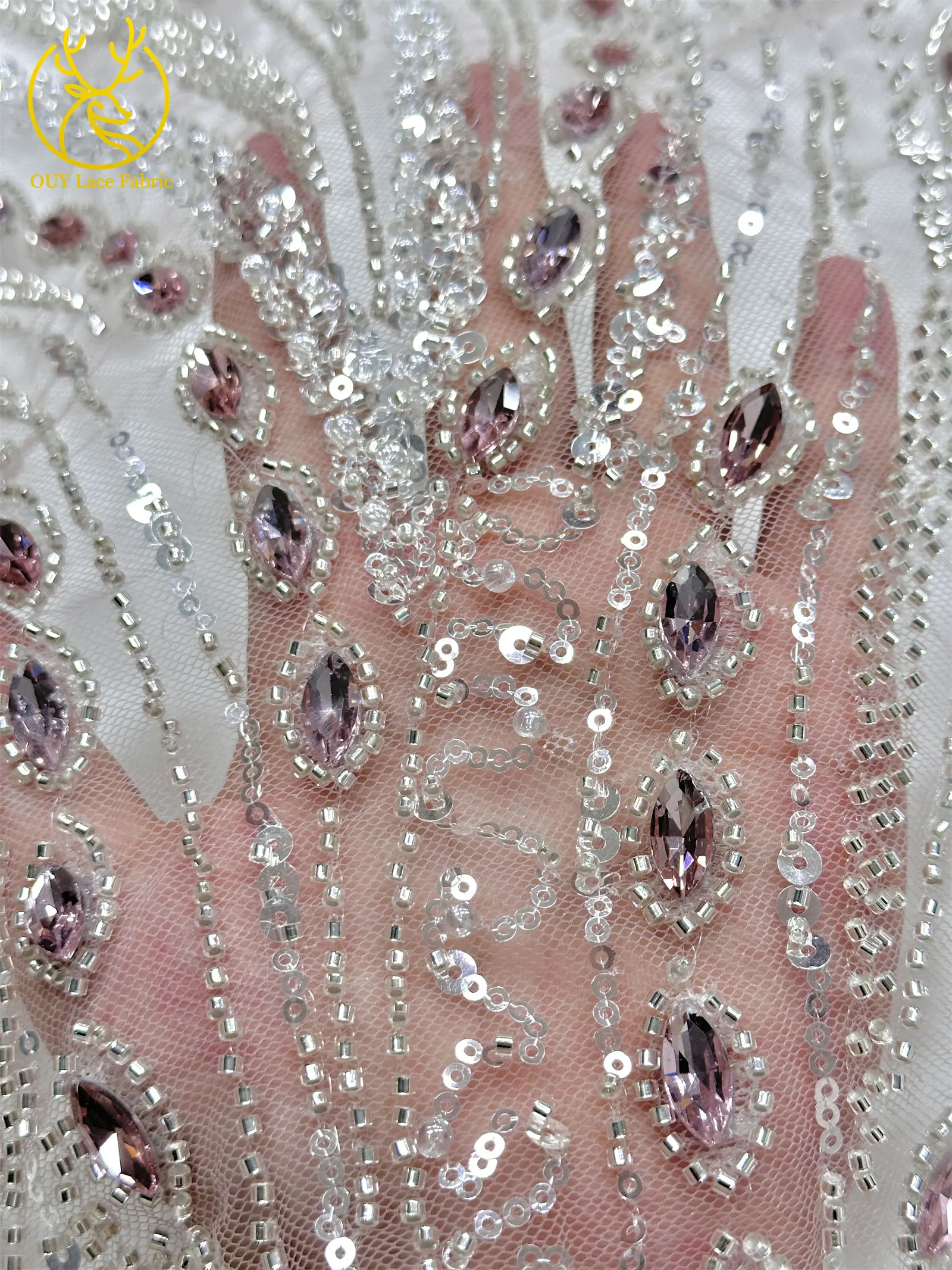 Marineblauer, hochwertiger, luxuriöser, österreichischer Diamant-Perlen-Spitzenstoff im neuen Stil 2026, afrikanischer Pailletten-Spitzenstoff für Brautkleider und Hochzeitsfeiern. – Detail 9