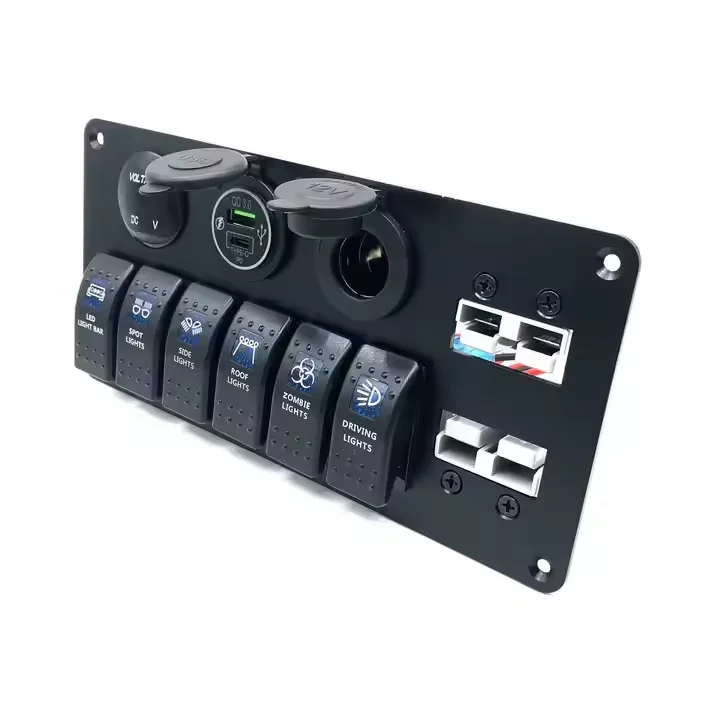 Waterproof Dual USB Socket 6 Gang Marine Rocker Switch Panel Digital Voltage Display 50A Rated Battery Connectors For Boats Cars