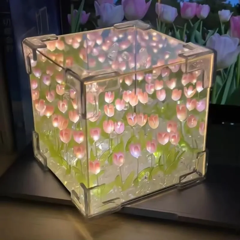 Creative Diy Tulip Flower Sea Cube Three-Dimensional Small Night Lamp Material Package for Girlfriend Couple Girlfriends