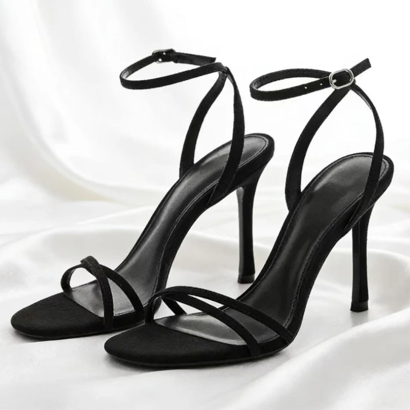 

Сексуальные черные босоножки на высоком каблуке с узким ремешком для женщин, летние туфли с открытым носком и ремешками на щиколотке, удобные офисные туфли-лодочки