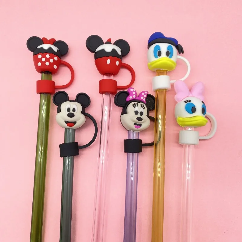 6pcs Disney Mickey Mouse Minnie Reusable Straw Toppers for Stanley Cups Cartoon Donald Duck Dustproof 10mm Tip Covers