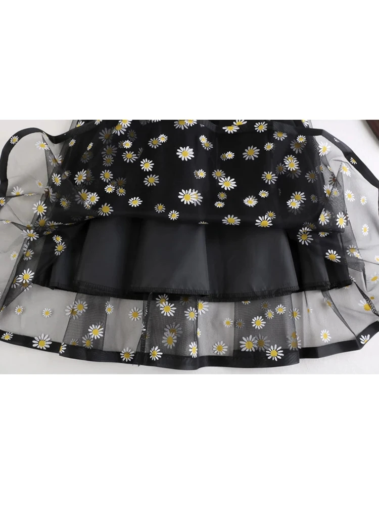 Zomer Hoge Taille Lange Fairy Vrouw Rok Elegent Daisy Print Mesh Rok Voor Vrouwen Chic Vrouwelijke Geplooide Tule Rokken Mujer faldas