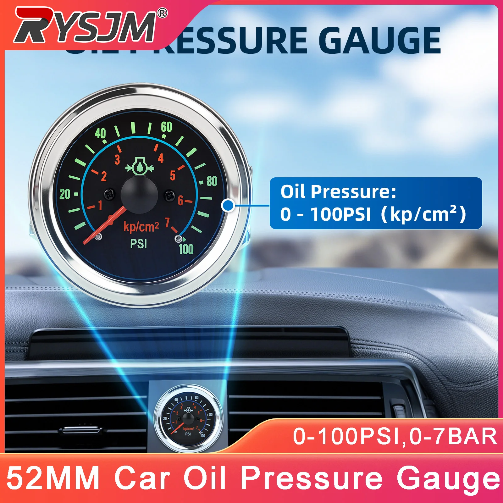 52MM Car Oil Pressure Gauge 0-100PSI /0-7BAR KP/CM² Car Air Perssure Gauge Meter With Sensor NPT1/8 For 12V Car Vehicles