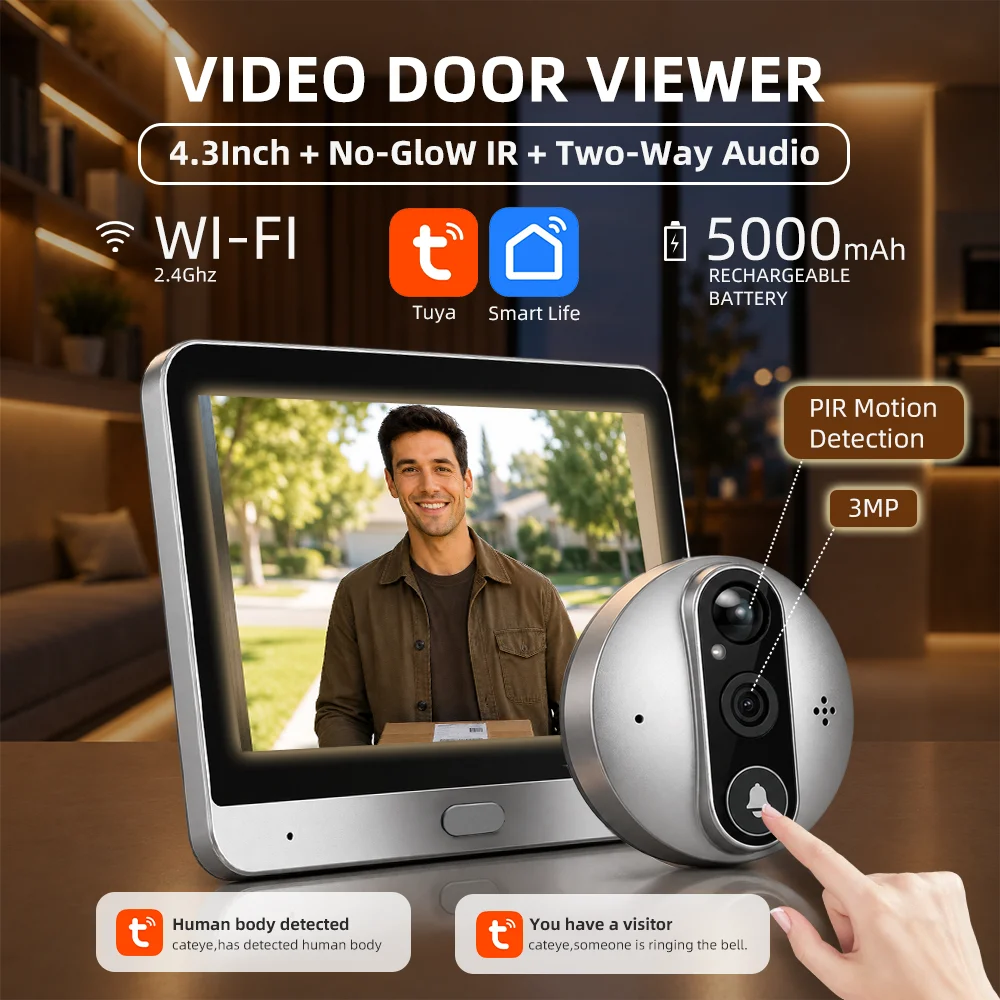 3MP Smart Life Tuya 1080P WiFi Door Bell Eye Peephole Camera 5000mAh Battery PIR Motion Detector IR Alexa Google Digital Viewer