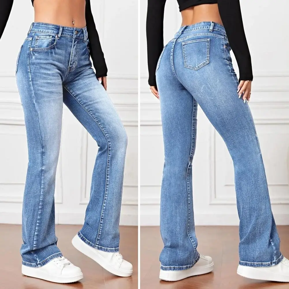 

Loose Fit Women Jeans Stylish Women's High Waist Flared Hem Jeans with Gradient Color Multiple Pockets Button for Streetwear