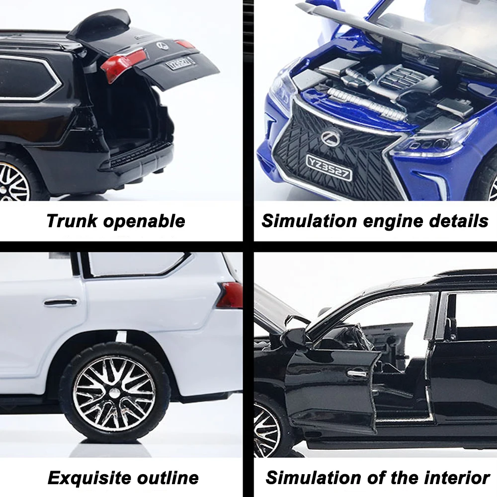 Modelo de coche de juguete de fundición a presión de aleación Lx570 1:36, 4 puertas, puede abrir la rueda trasera, el maletero del motor trasero puede abrir coleccionables para niños