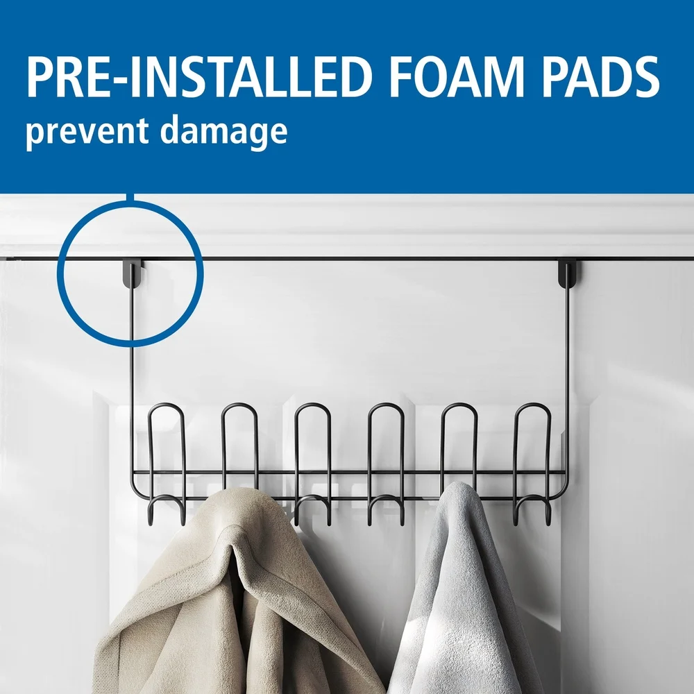 Over-the-Door 6 Double Hooks Towel Rack Organizer Perfect Towels Robes Clothes No Tools Installation Damage-Free Foam Pads