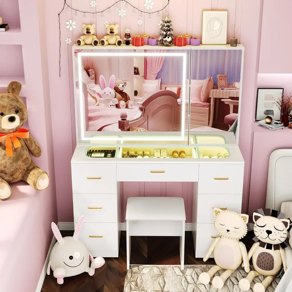 

Vanity Desk Set with Large LED Lighted Mirror with 7 Drawers,Glass Tabletop Vanity Desk with Cabinet,Modern Vanity Table