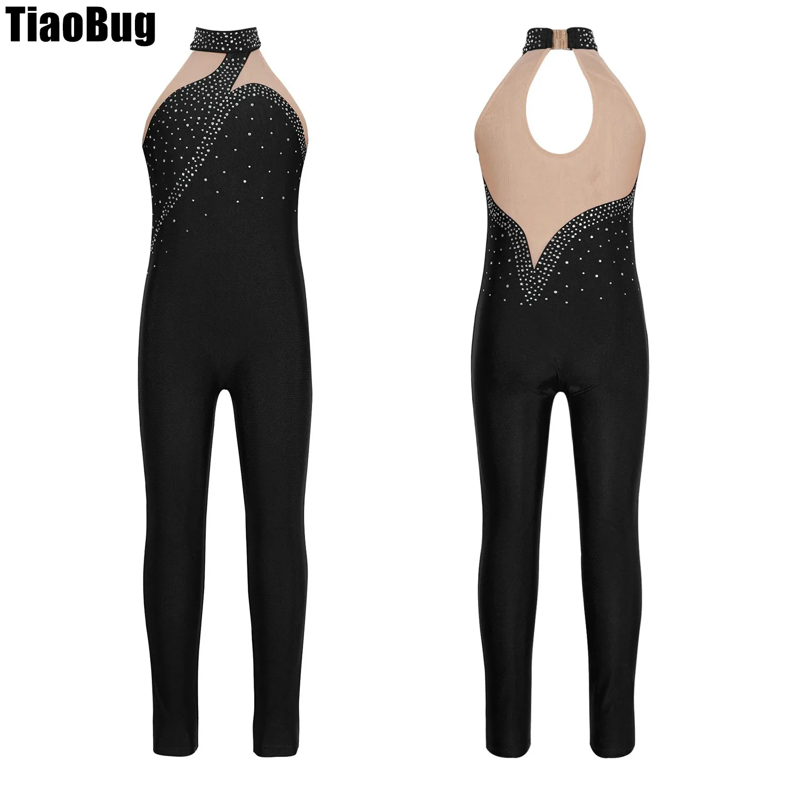 Kids Girls Glittery Rhinestone Dance Unitard Figure Skating Sheer Mesh Patchwork Sleeveless Gymnastics Performance Bodysuit