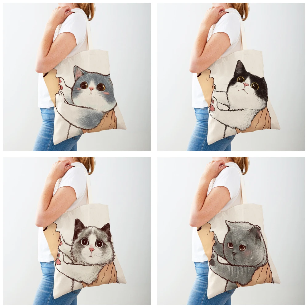 Both Sided Shopper Bag Funny Cartoon Cat Casual Women Shopping Bag Reusable Cute Pet Animal Canvas Lady Tote Handbag for Child