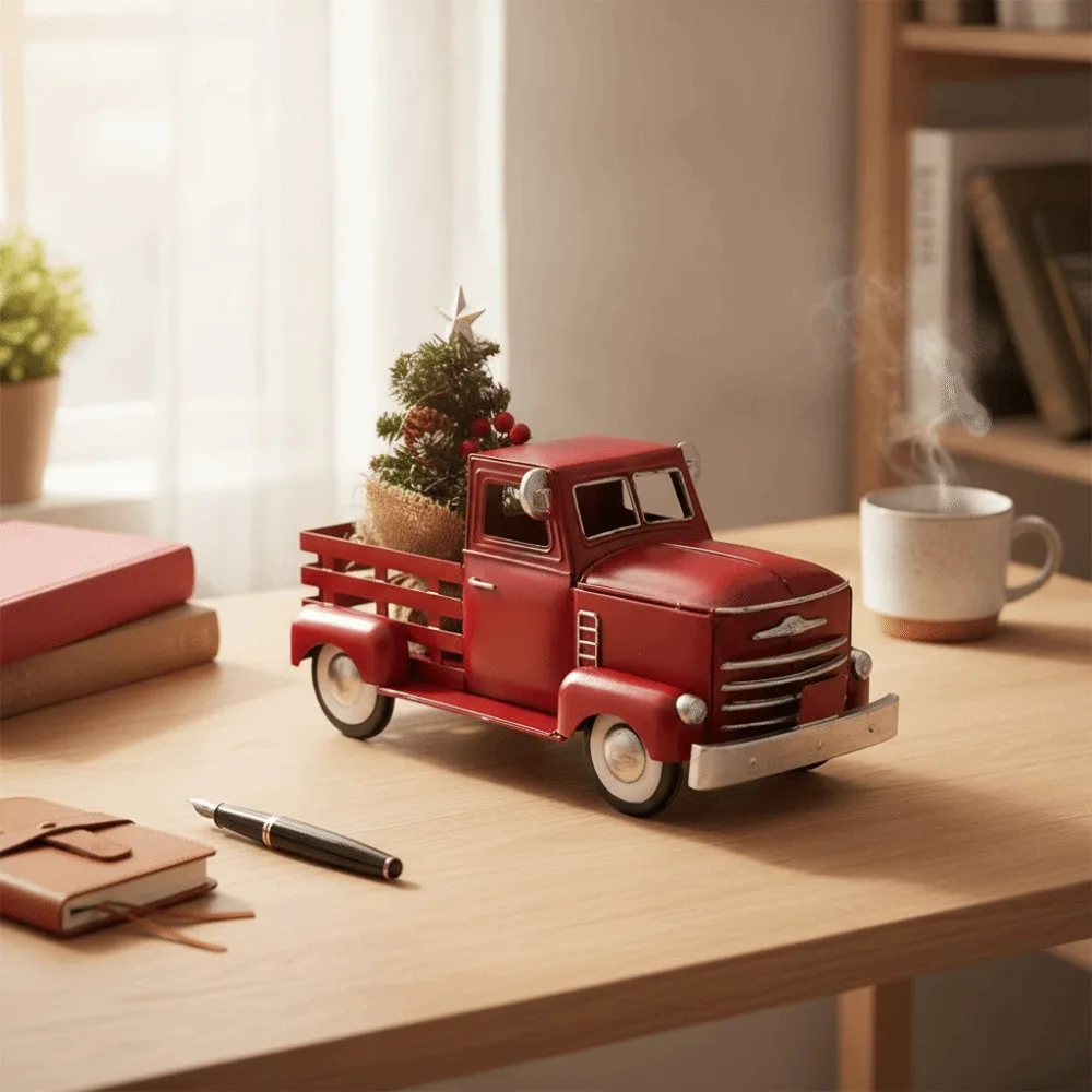 American Rustic Style Red Truck with Christmas Tree Ornament with Light Metal Christmas Pickup Truck Statue Vintage Mini