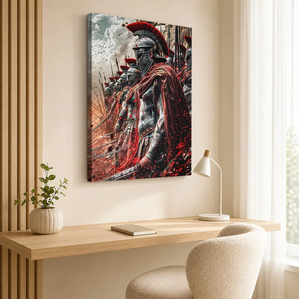 Spartan Warrior Red Cloak Wood Framed Canvas Print Personalized Photo, Expressive Figurative Brushwork Wall Art For Man Cave