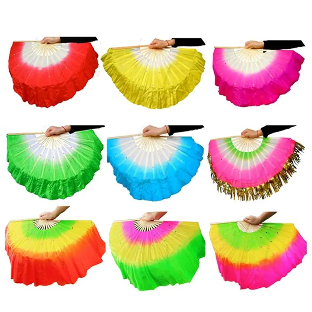 Chinese Short Bellydance Fan 30cm Bamboo+10cm Half Circle Silk Veil Pairs Yangko Dance Bamboo Fans Hand Dye Adults Hot Sell