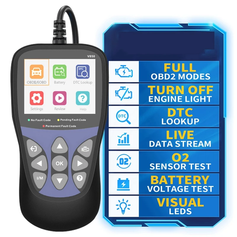 V850 Fault Code Reader Full OBD2 Function Auto Diagnostic Tool,Battery Monitor Multi-Languages