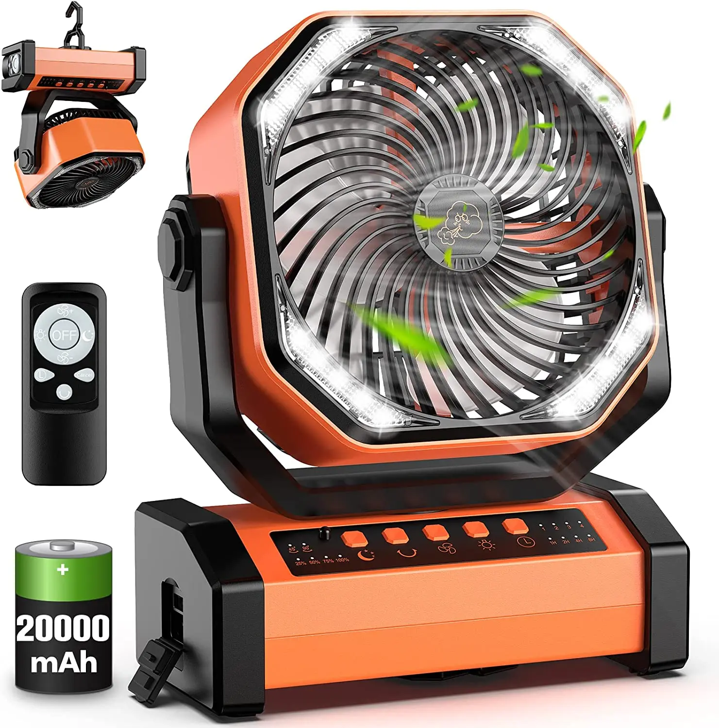 Camping Fan 20000mAh Air Circulators D12 Auto Oscillating Rechargeable Wireless Portable Table Electric Fan WithHook Light Timer