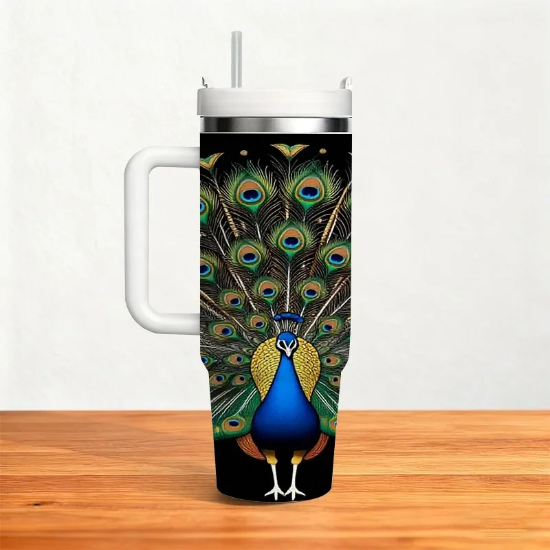 Vibrant Peacock Full Spread Tail Print 40Oz Stainless Steel Insulated Tumbler, Digital Print Design with Striking Blue Green Golden Plumage on Black Background, Reusable Drinkware for Daily Outdoor Commute And Office Use