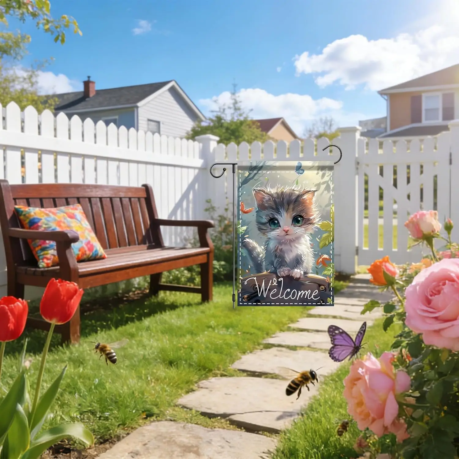 Nuxovilar Garden Flag Banner Kitten & Leaf Design 12x18in Polyester Flags for Outside Garden Porch ZZM
