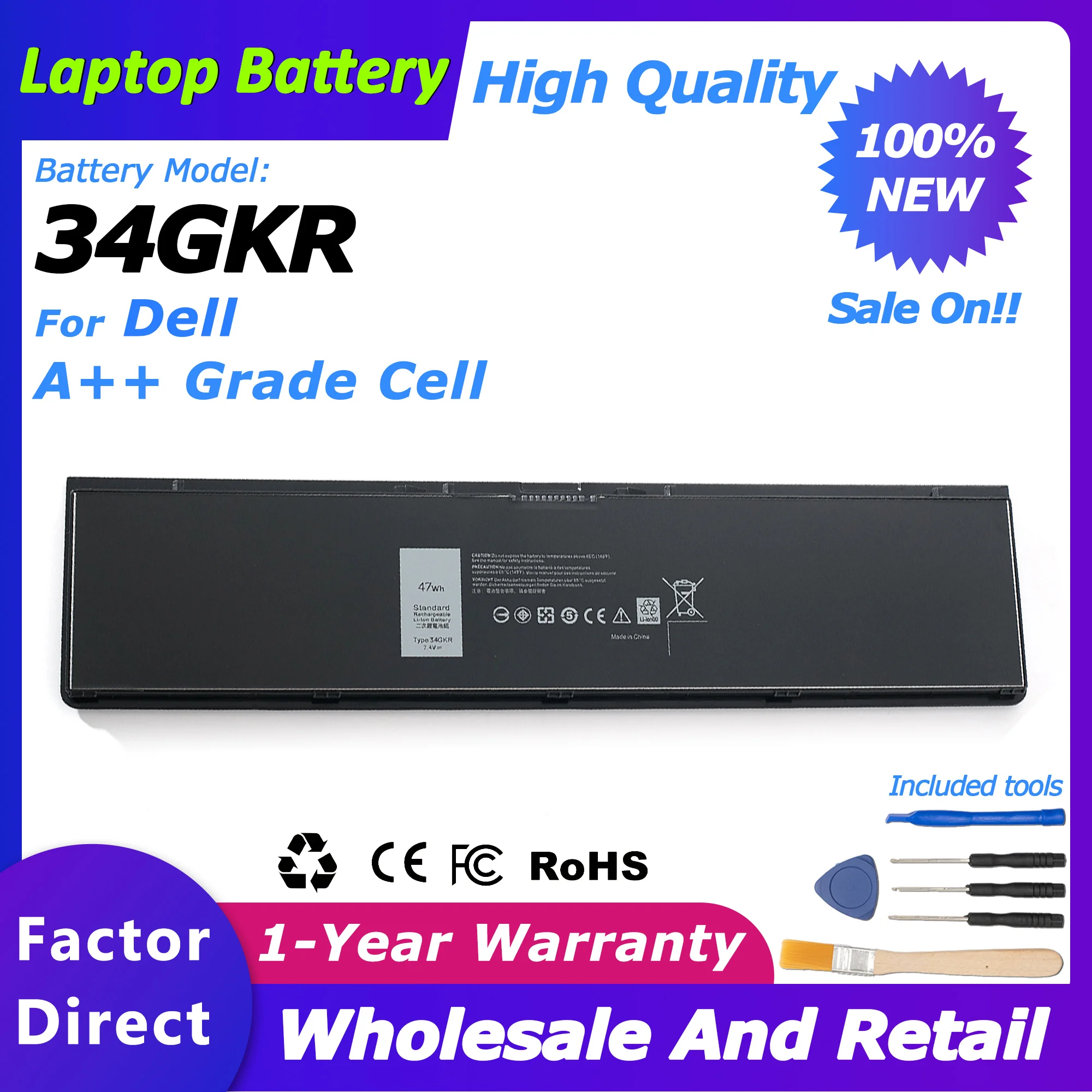 34GKR Laptop Battery for DELL Latitude E7420/E7440/E7450 Series V8XN3/G95J5/0909H5 series 451-BBOG/BBFV 6000mah/52wh