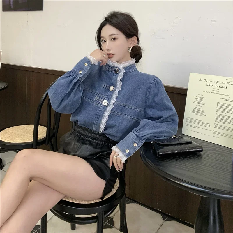 Spring Lace Denim Shirt Women Fashion Patchwork Long Sleeve Blouse Female Loose Stand Collar Button Down Jean Shirts Woman