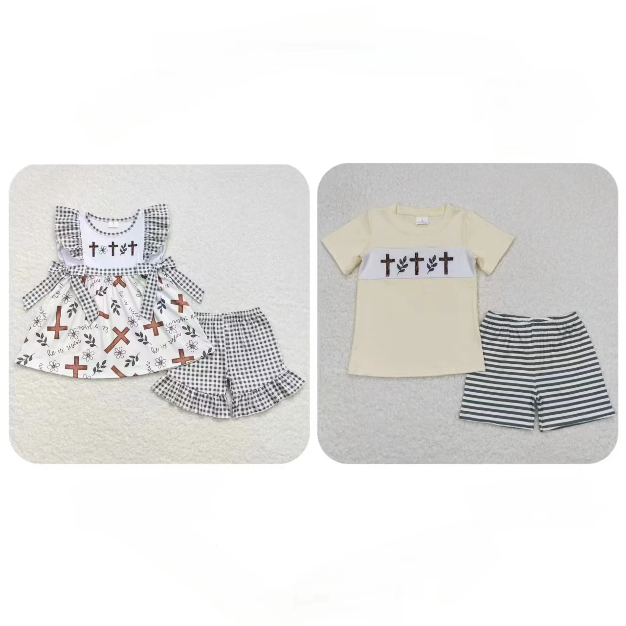 

Wholesale Toddler Easter Set Kids Embroidery Crosses Tops Boutique Shorts Children Spring Outfit Matching Baby Boy Girl Clothing