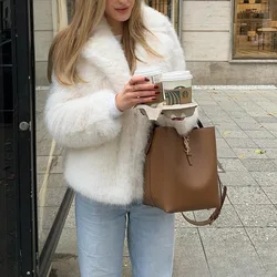 KONDALA Vintage Faux Fur Women Jacket Solid Turn-down Collar Long Sleeve Warm Coat Chic White Fashion 2025 Winter Autumn Outwear