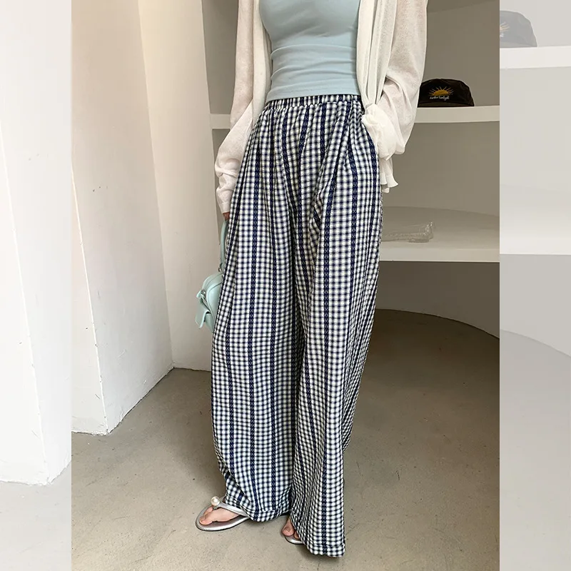 Pantaloni scozzesi Petite con design a righe in pizzo blu Donna 2025 Pantaloni lunghi dimagranti drappeggiati a vita alta nuovi estivi