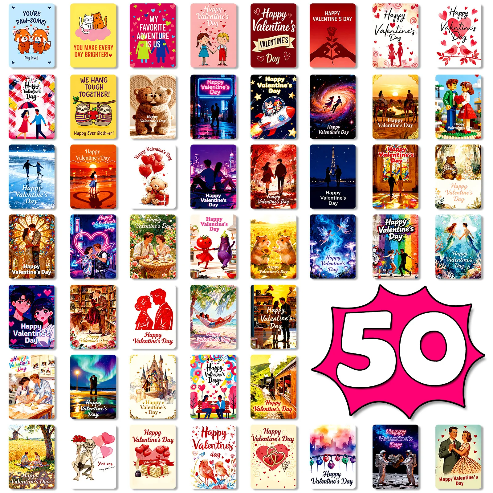 50PCS Happy Valentines Day Text Cards Couples Holiday Gift Greeting Cards Popular Festival Blessing Card Set