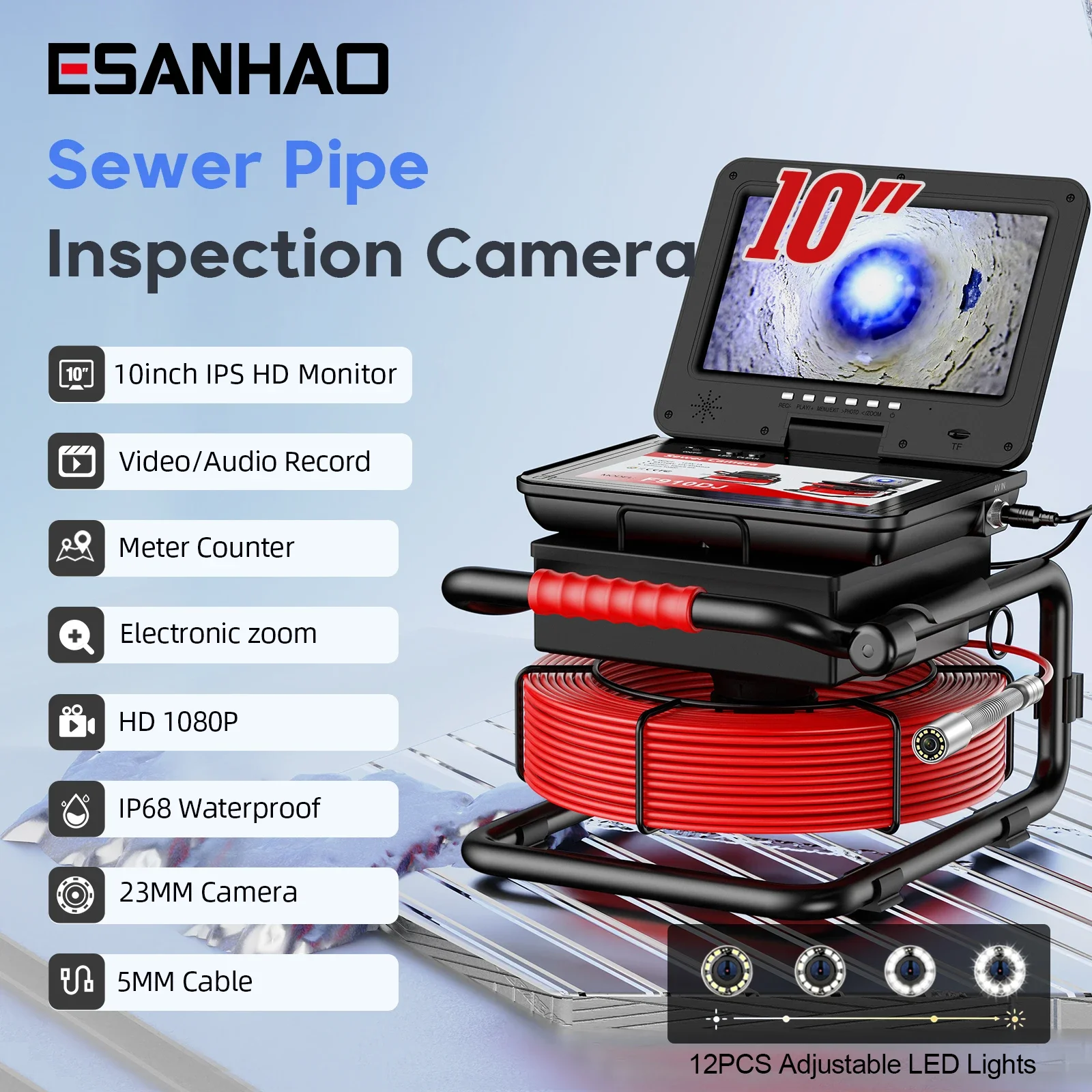 20m Meter Counter DVR 10 Inch IPS Screen 23mm Stainless Steel Probe Mini Sewer Drain Inspection Camera Night Vision Function