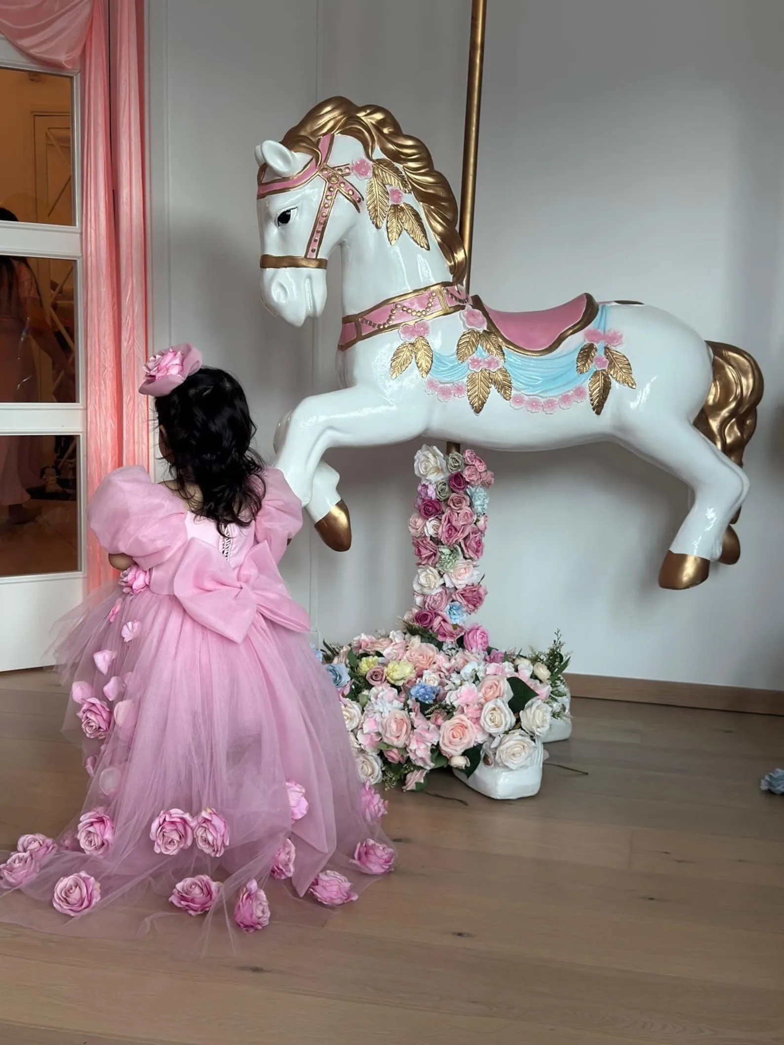 Custom JDY High Puff Sleeve 3D Flower Tulle Trailing Flower Girl Dress Wedding Party Gown Birthday Pageant Dress فساتين اطفال