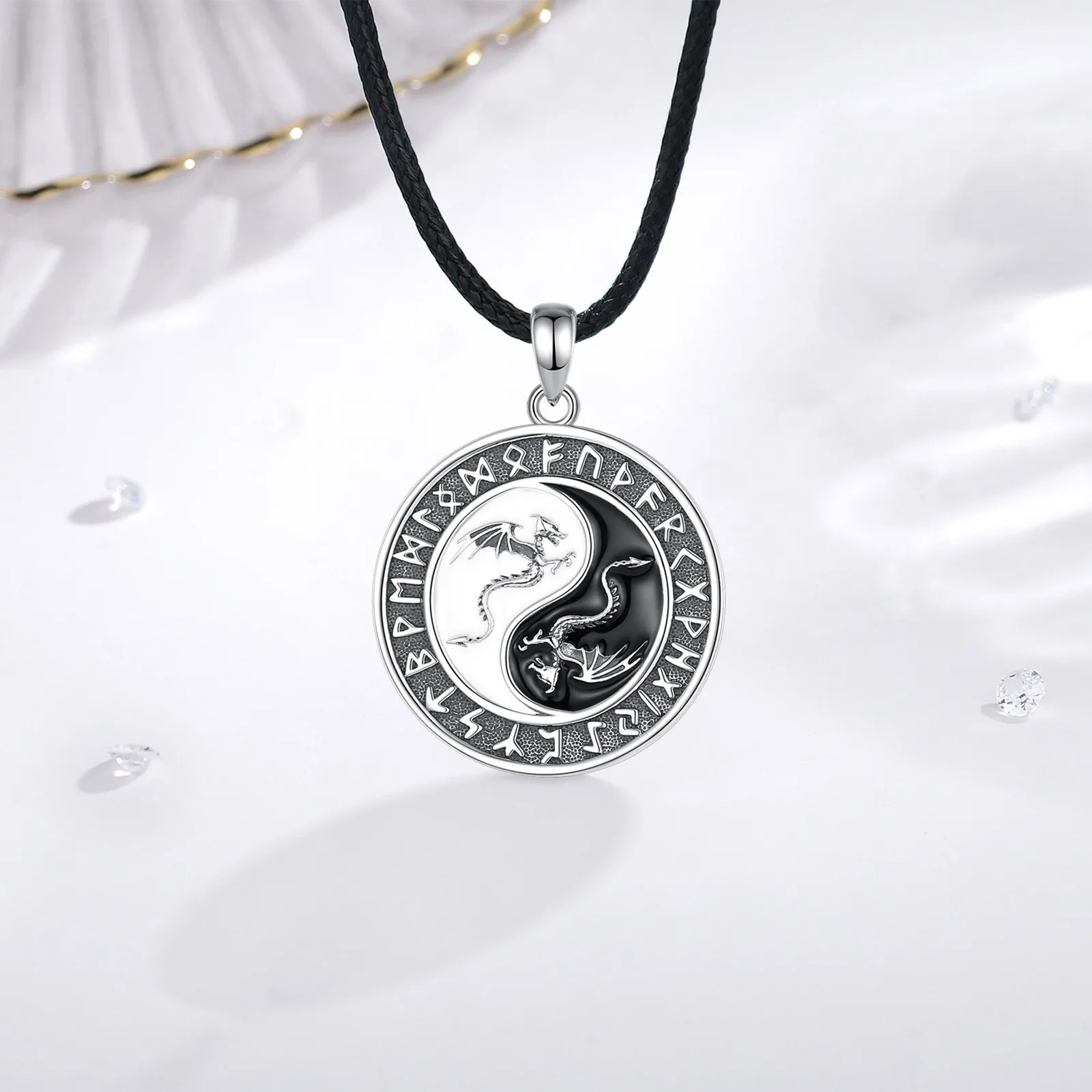 Eudora 925 Sterling Silver Viking Runes Dragon Necklace for Women Man Yin Yang Tai Chi Amulet Pendant Personality Jewelry Gift