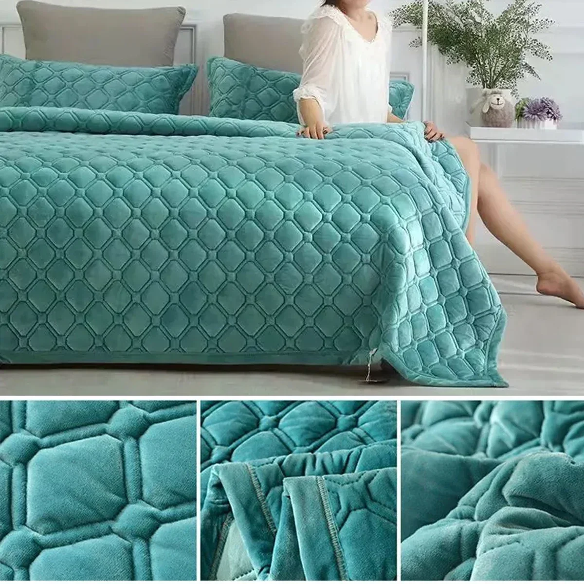 1PC Super Soft Crystal Velvet Bedspread Anti-skid Solid Color Winter Warm Quilted Bedspread Thick Blankets Quilt for Beds 침대보