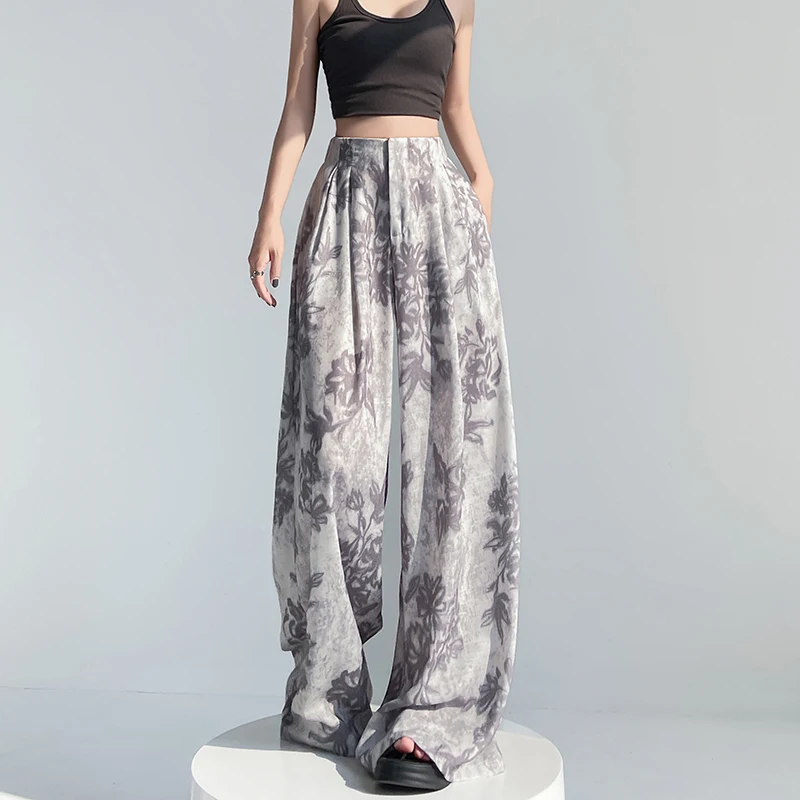 

Женские широкие брюки из хлопка и льна с принтом, летние свободные повседневные брюки длиной до пола с высокой талией 2023 года