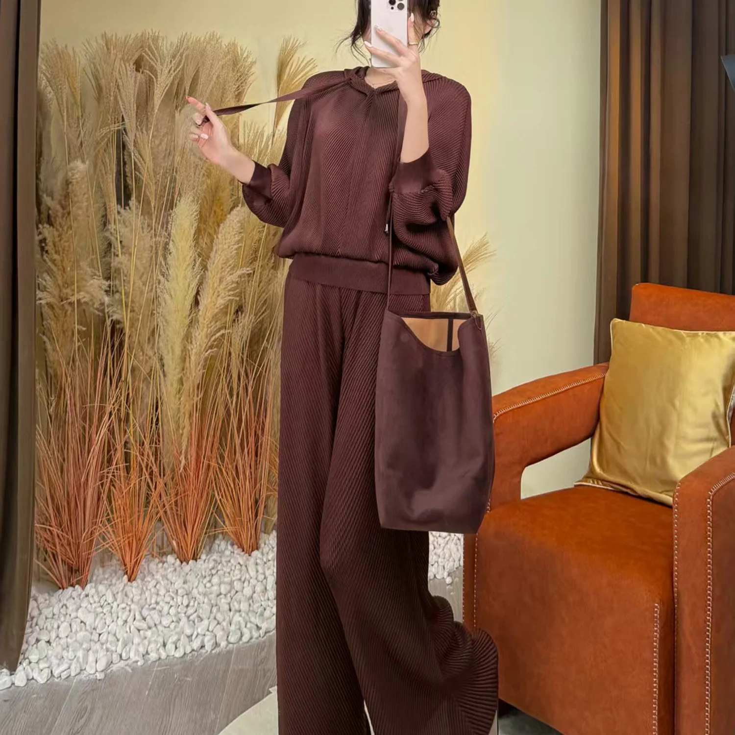 New Spring/Autumn Style Women's Pleated Two-Piece Set: Comfortable Hooded Sweatshirt and High-Waisted Casual Pants