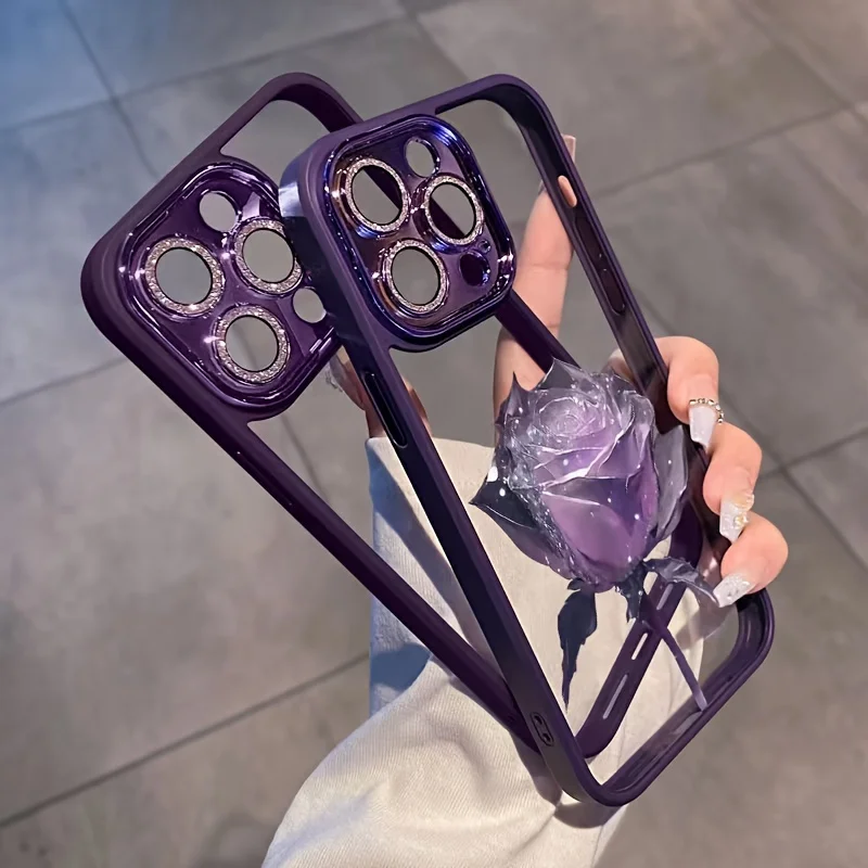 

Dark Night Purple Rose For IPhone 16 ProMax Case Elegant Transparent 15 14 13 12 Pro Full Coverage Anti-fall Advanced Phone Case