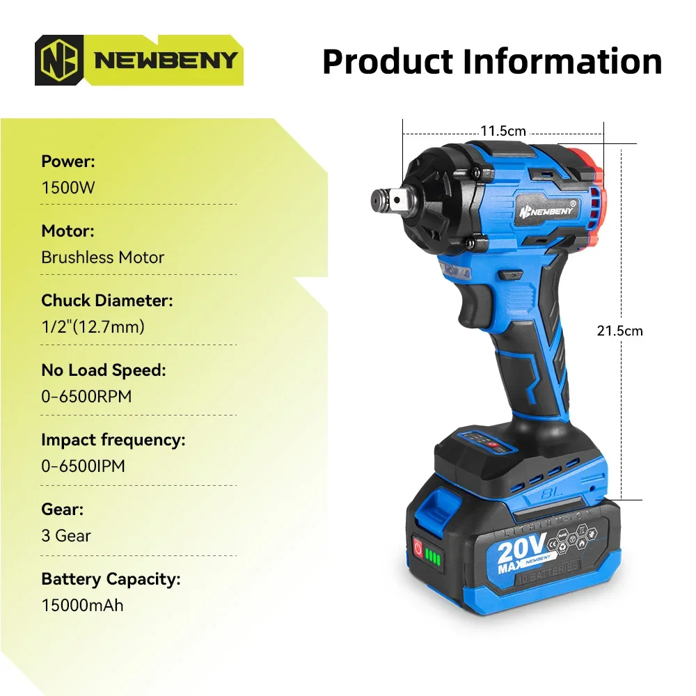 NewBeny 1000N.m Torque Brushless Electric Wrench 3 Gears with LED Light Cordless Screwdriver Power Tools For Makita 18V Battery