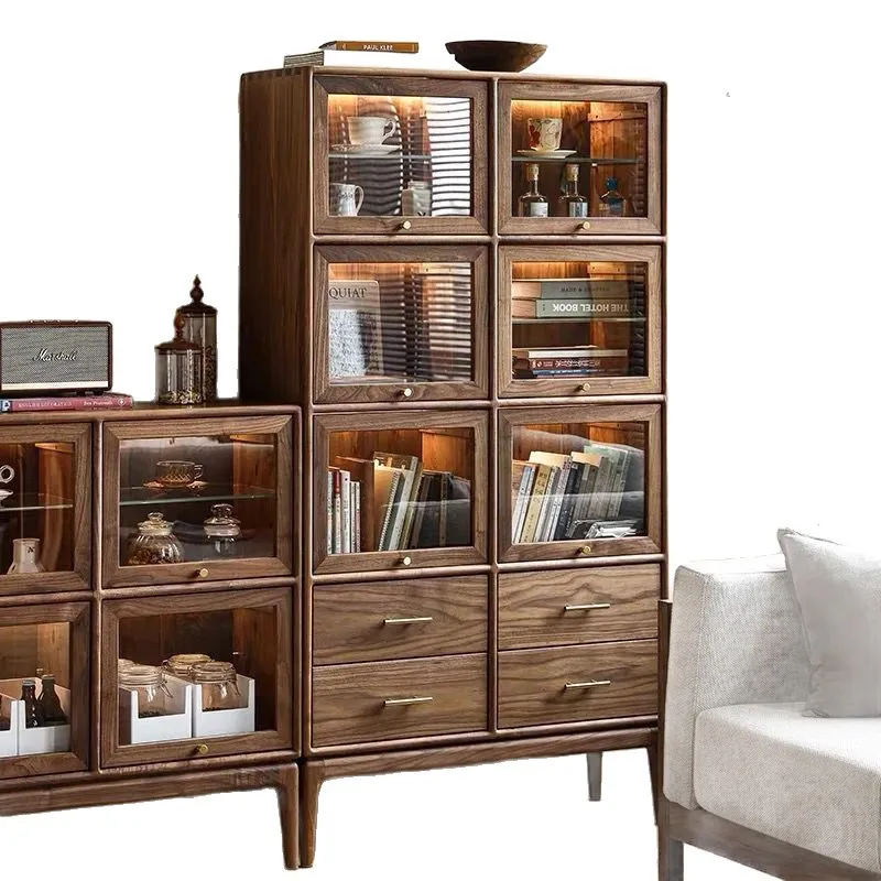 

Чайный сервиз из цельного дерева, фарфоровая посуда, стеклянная витрина с подсветкой, книжный шкаф с раздвижными дверцами из черного ореха, винный шкаф для гостей и ресторанов.