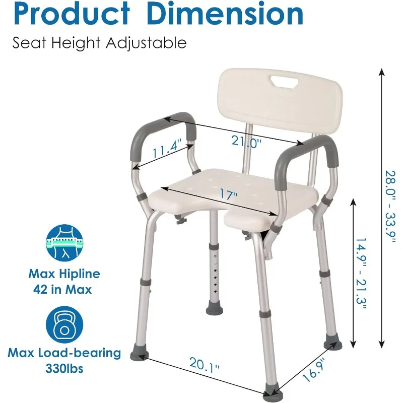 Chair with Arms and Back Heavy Duty 330lbs, Shower Chair for Inside Shower, Shower Seat for Inside  Bathroom Chair