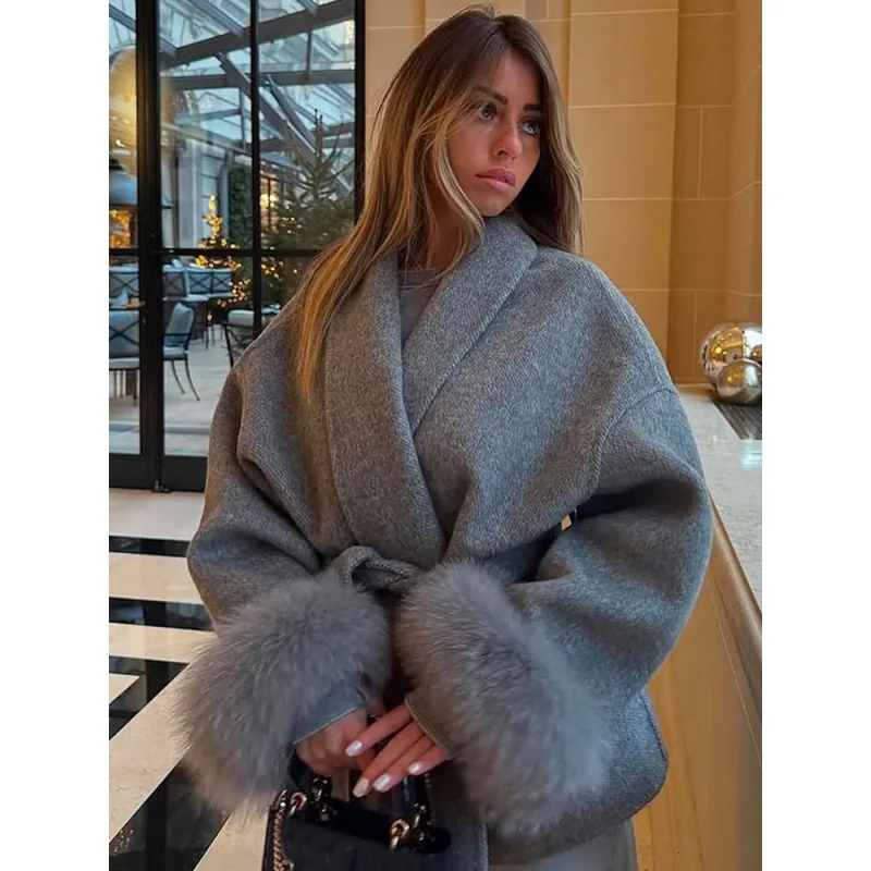 Elegant Temperament Solid Color Lace-up Splicing Wool Cuffs Woolen Jacket 2026 New