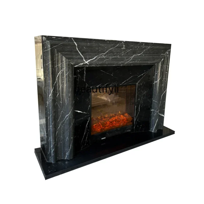 P Marble fireplace American living room background decoration natural black and white root stone fireplace