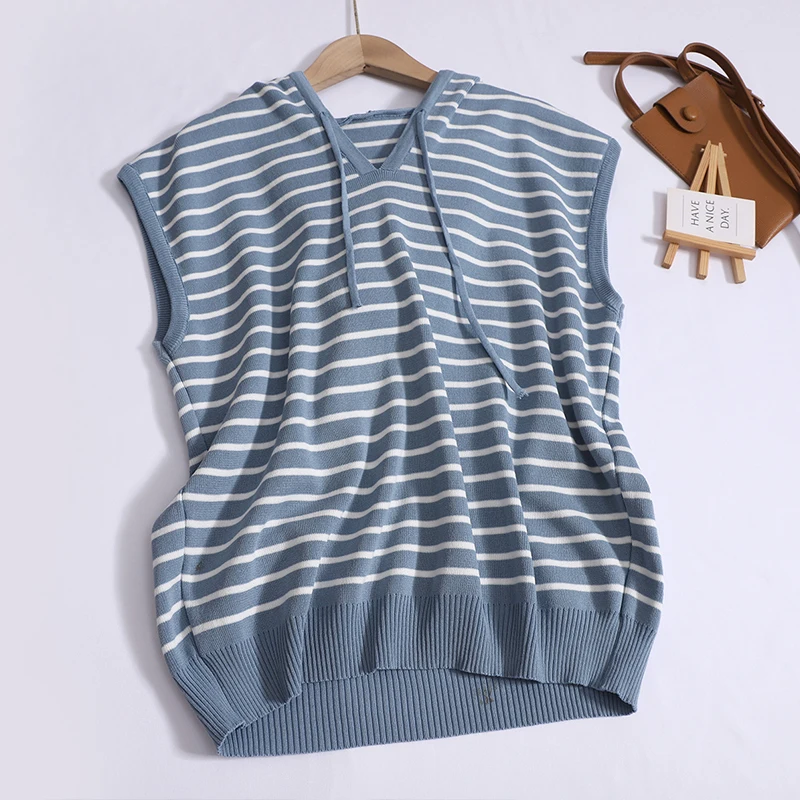 Women Summer Loose Casual Set Contrast Color Striped Sleeveless V-neck Hooded Tank Tops and High Waist Solid Wide Leg Pants Suit