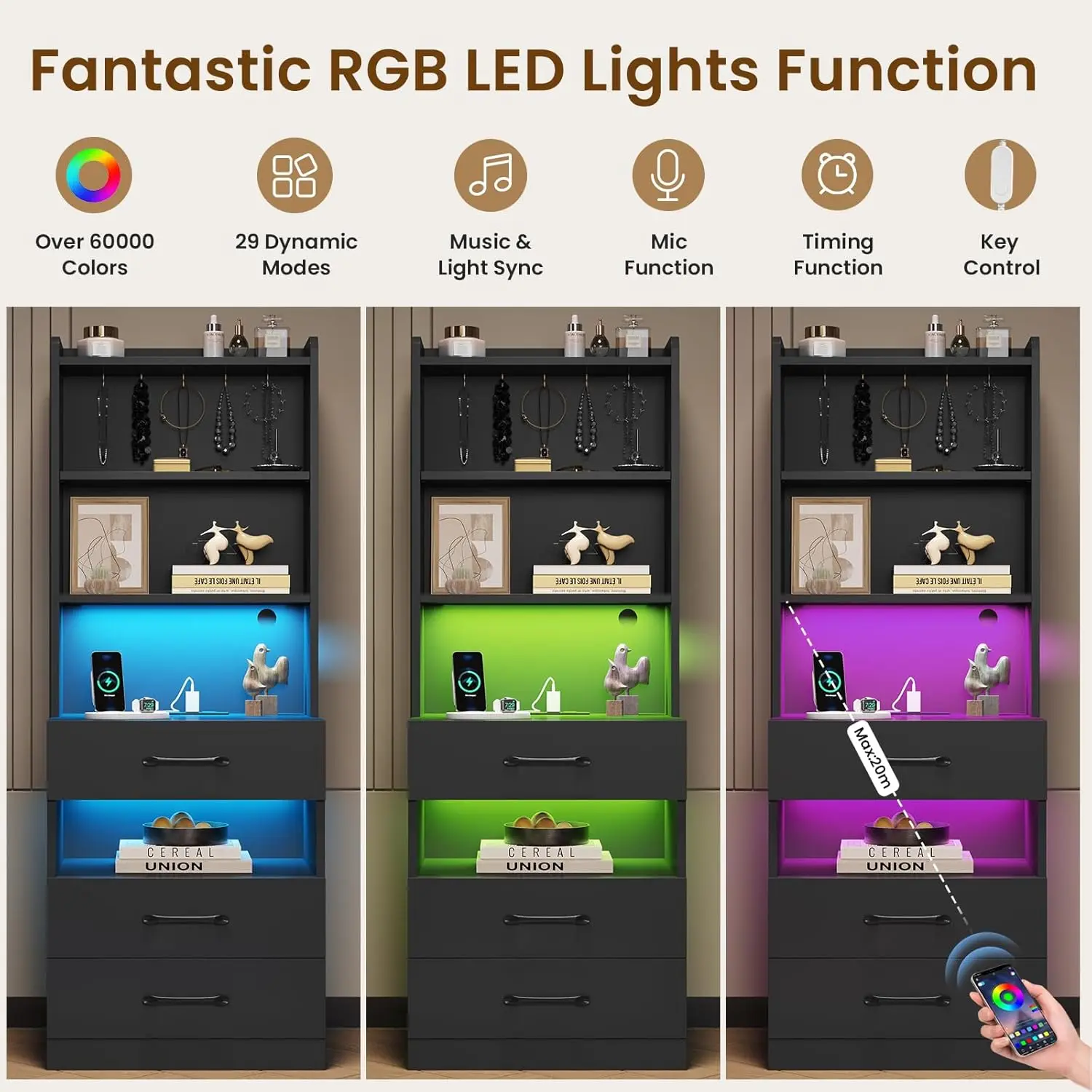 Wysoka szafka nocna VIAGDO z stacją ładującą i oświetleniem LED, duża czarna szafka nocna z półką na książki