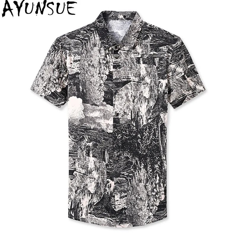 AYUNSUE 92.4% Mulberry Silk Shirt for Man Clothing 2025 Fashion Printed Short Sleeved Shirt Casual Business Summer Mens Shirts