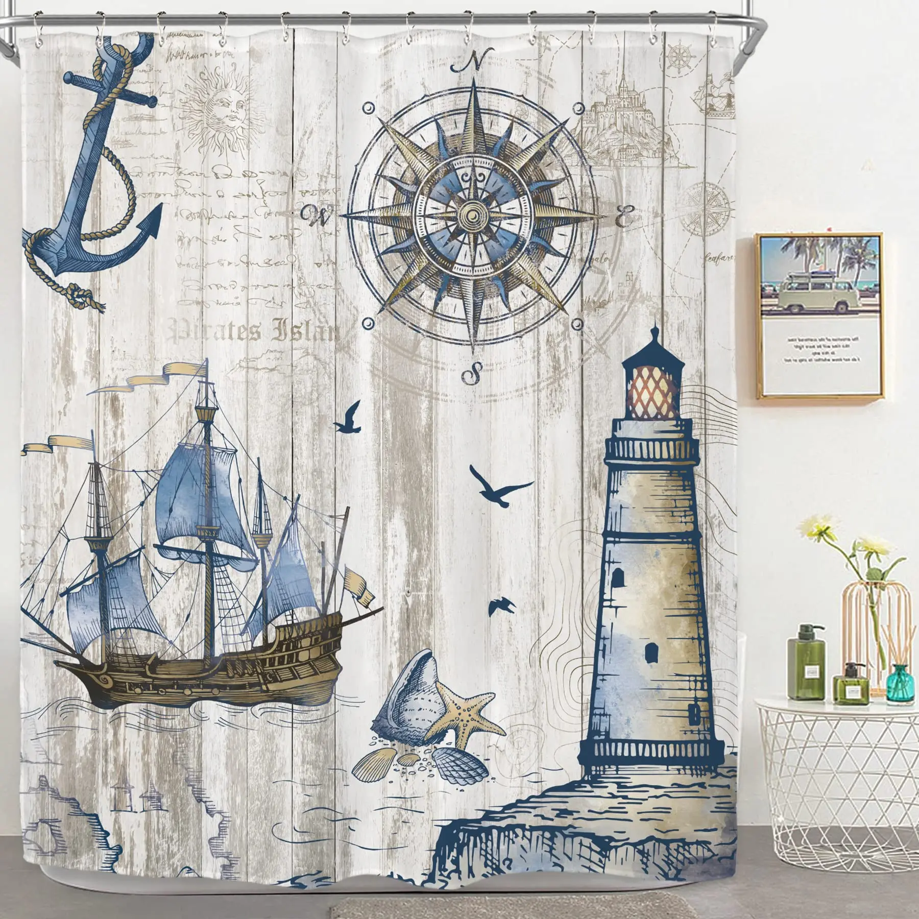 Nautical Sailboat Wooden Shower Curtain Compass Anchor Lighthouse on Vintage Barn Door Pirate Fabric Bathroom Decor with Hooks