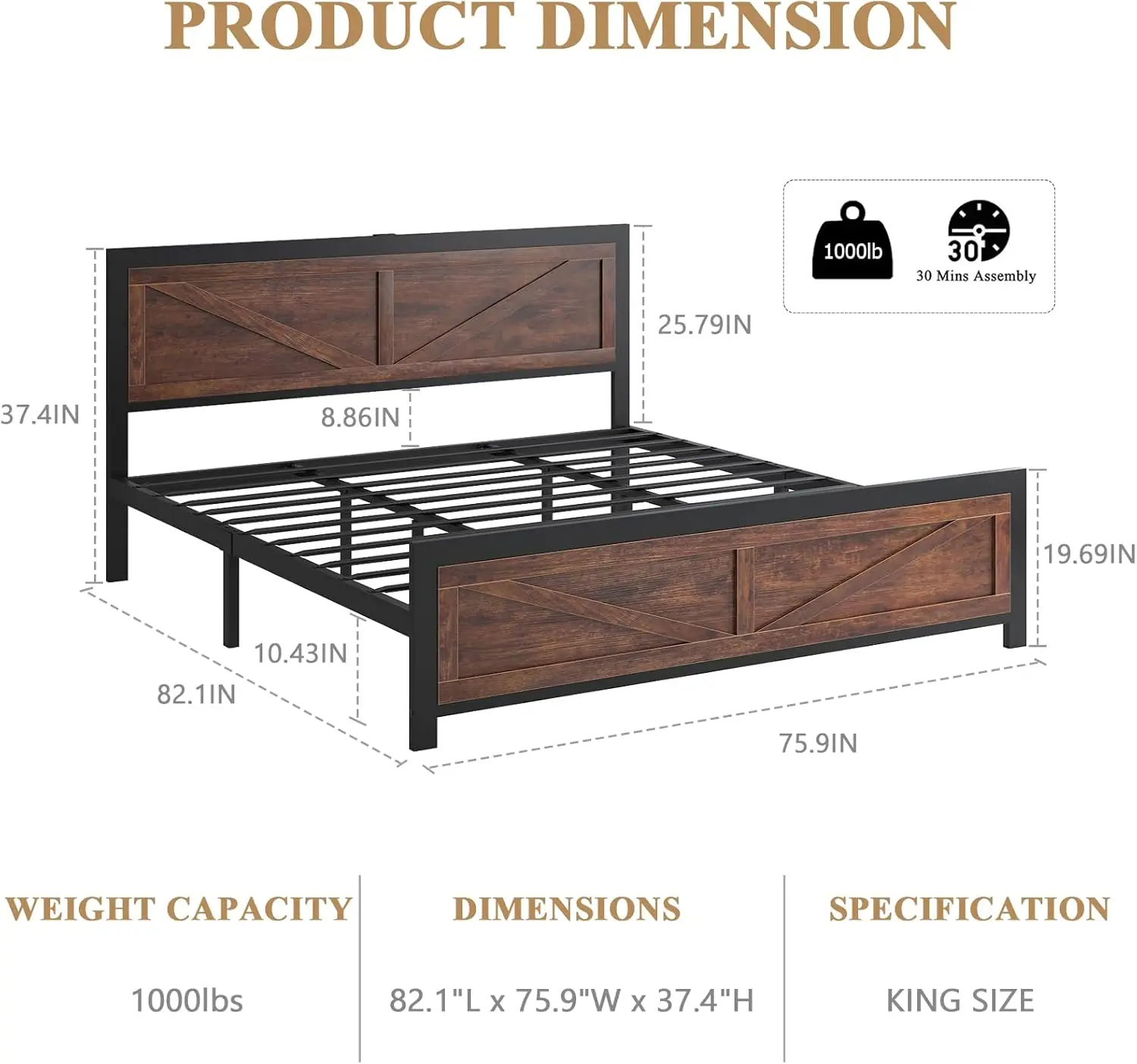 Bed Frame King Size with Charging Station, Industrial Platform Bed Frame with Rustic Barn Door Wood Headboard